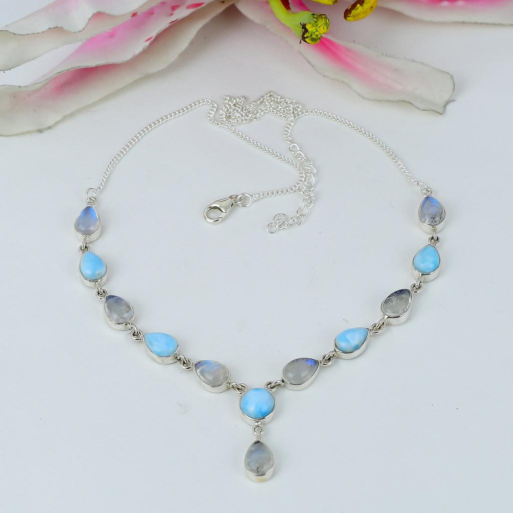 Natural Rainbow Moonstone, Larimar Gemstone 925 Solid Silver Necklace 18" N3C01