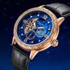 A Business-Style Skeleton Tourbillon Mechanical Watch Alloy Case Waterproof Wristwatches Leather Band Green/blue Dial