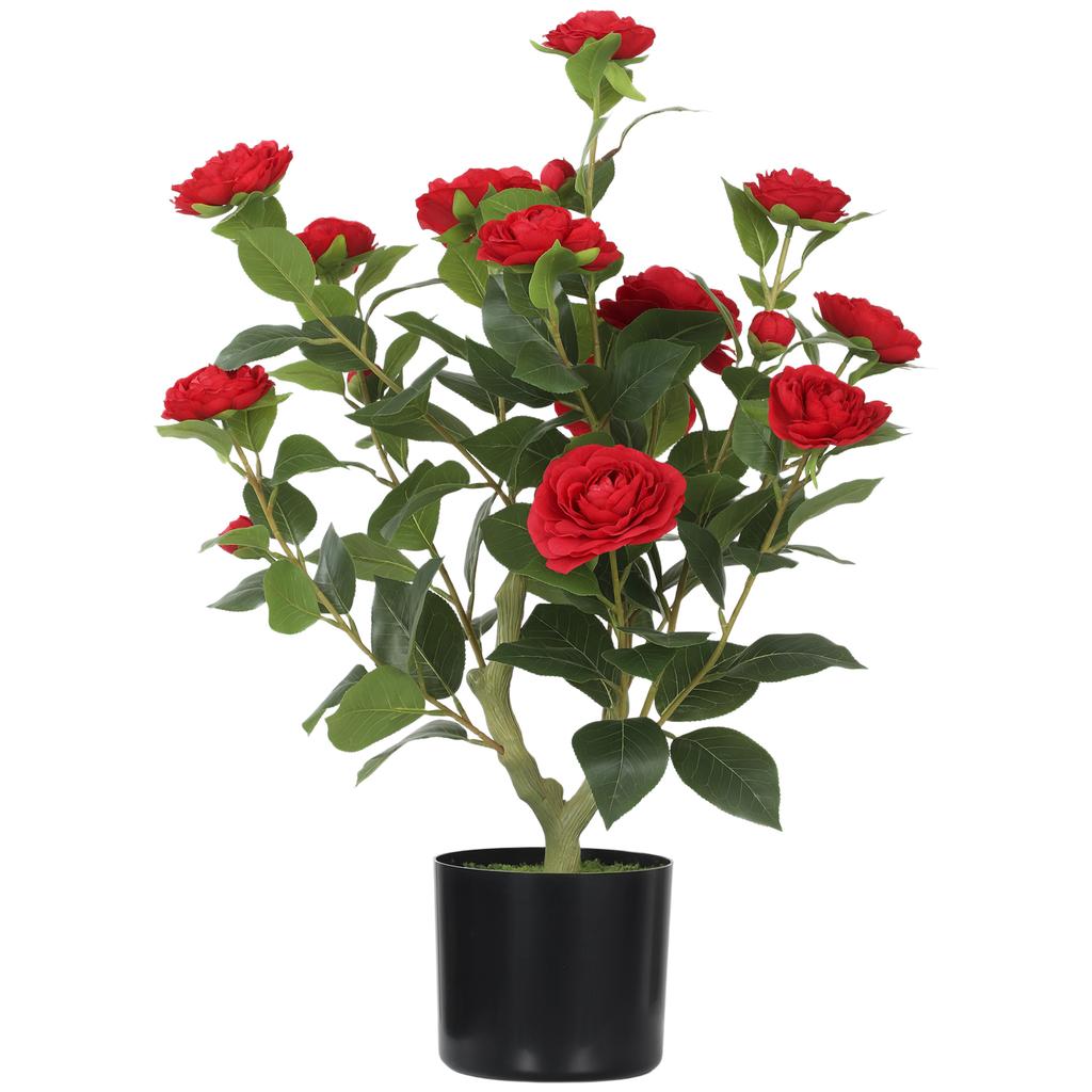 65 Cm Artificial Camellia Flower Plant In Pot With 116 Lush Leaves And Moss Effect Red