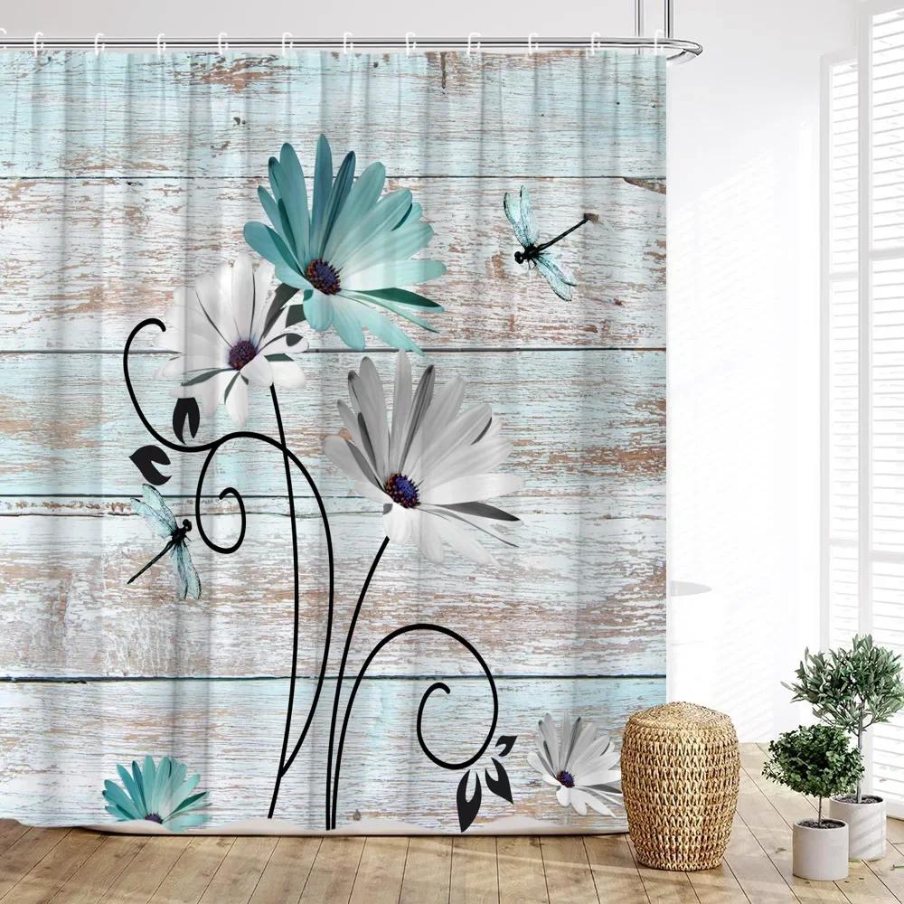 Floral Shower Curtain, Farm Daisy Dragonfly Rustic Wood Paneling Inspirational Quotes Butterfly Turquoise Home Bathroom Decor