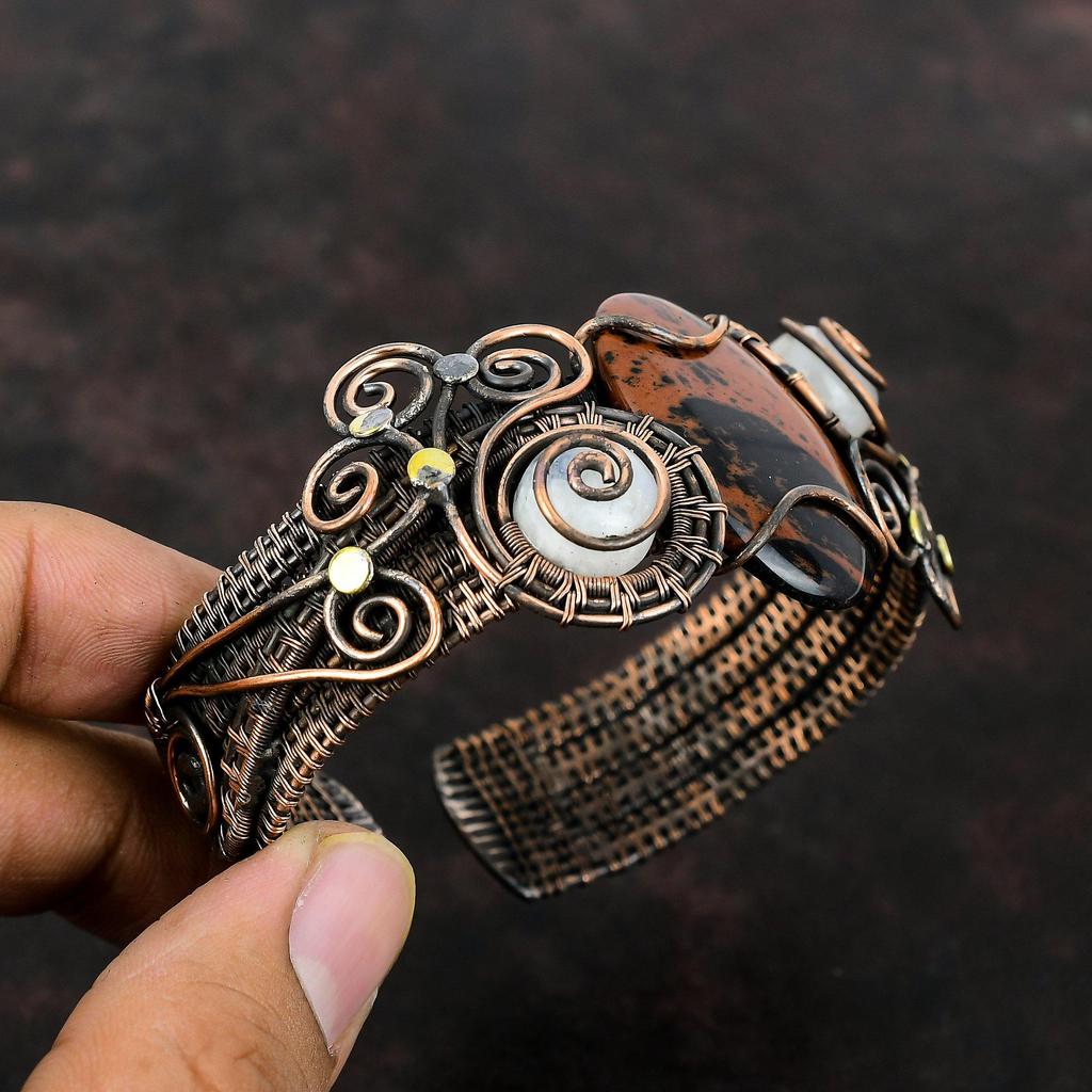 Браслет-манжета из красного дерева обсидиана, обернутый медной проволокой, браслет-манжета из радужного лунного камня, регулируемый браслет, украшения ручной работы, браслет из драгоценного камня, свадебный подарок