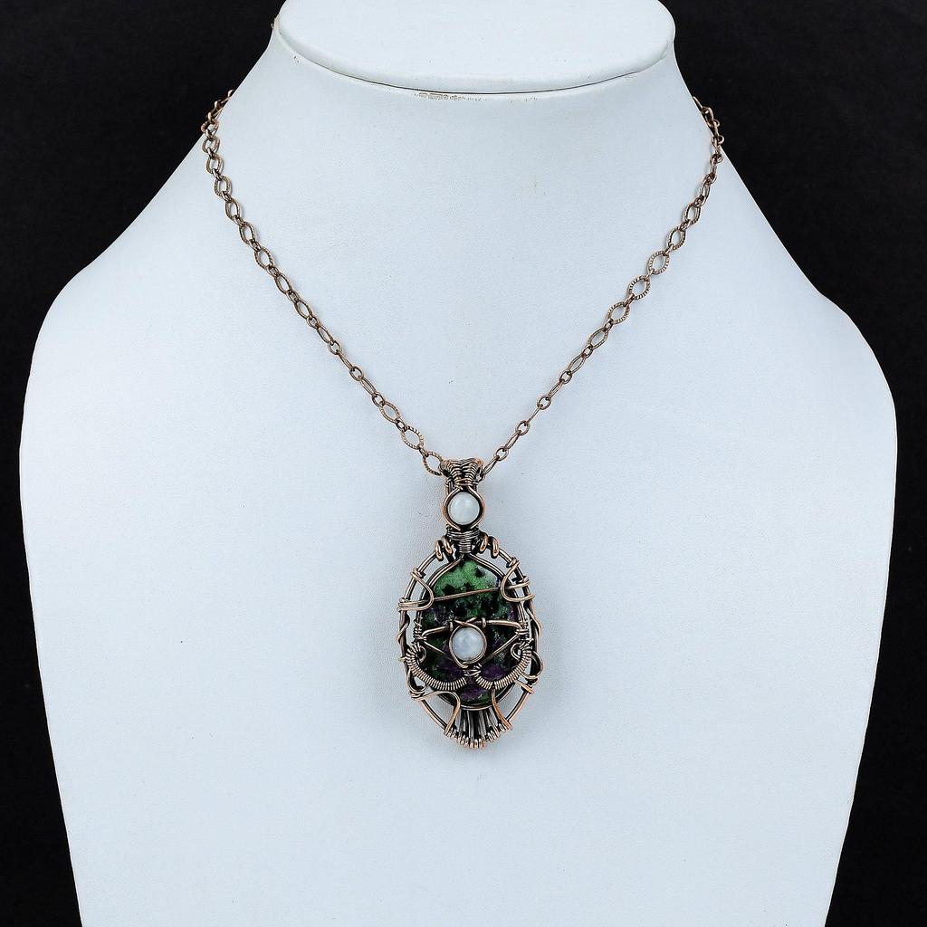 Подвеска с рубином и цоизитом от сглаза, медная проволочная обертка, радужный лунный камень, драгоценный камень, кулон ручной работы, медные украшения, подарок для женщин