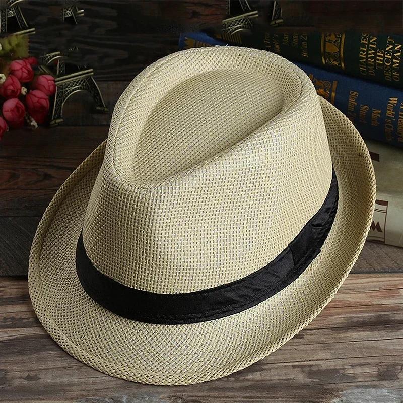 Fashion Men Straw Hat for Women Summer Trendy Beach Sun Hats Solid Color Fedoras Ribbon Casual Cowboy Jazz Cap Gangster Cap Male