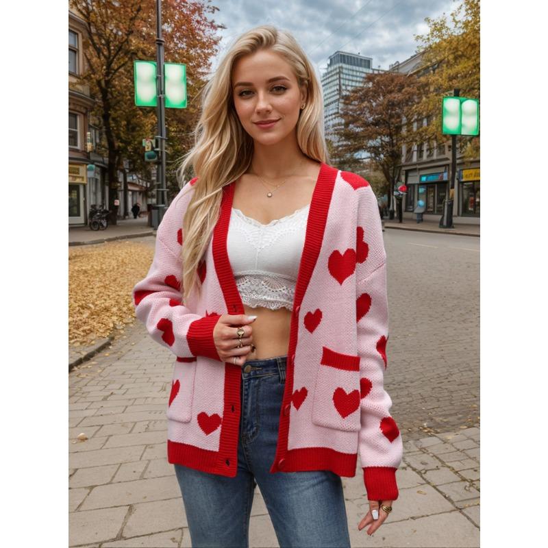 Осенне-зимний женский свитер больших размеров ко Дню святого Валентина, вязаный кардиган с карманами и V-образным вырезом