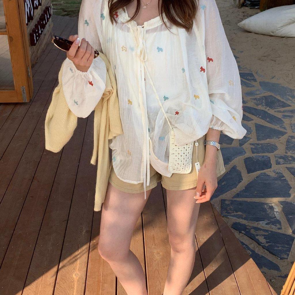 Женская блузка с длинным рукавом, лимонно-зеленая, с цветочной вышивкой – Стройнящий топ на завязках, защита от солнца