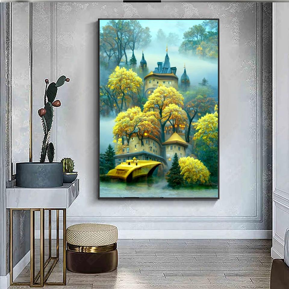 5D DIY Алмазная мозаика Картина Полный квадрат Стразы Озеро Замок Лунная дорога Алмазная вышивка Цветочный пейзаж Головоломка Подарок