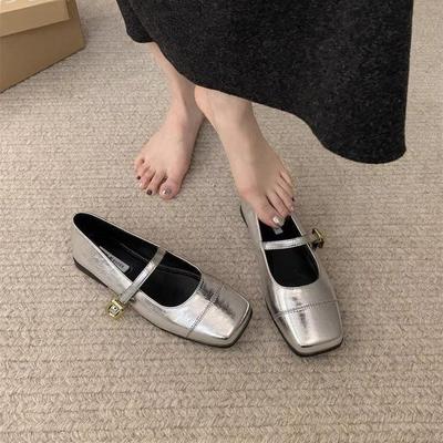 Серебристые квадратные туфли-одиночки женские весенне-летние туфли Мэри Джейн с плоским дном и неглубоким горлом