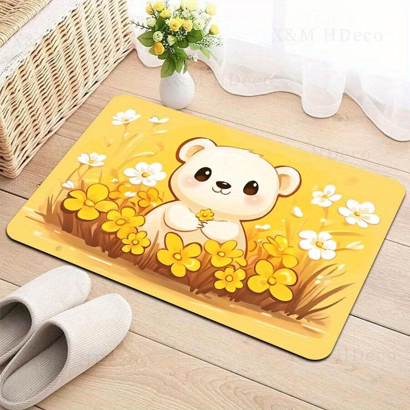 1pc, Cute Cartoon Bear with Flowers, 8mm Thick, Machine Washable, Rectangular Polyester Door Mat, PVC Backing, for Entryway, Lau