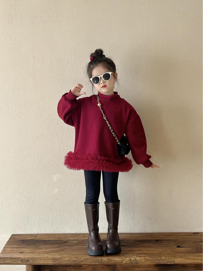 Children's Korean-Style Mesh Lace Velvet Sweatshirt Dress for Fall/Winter 2024