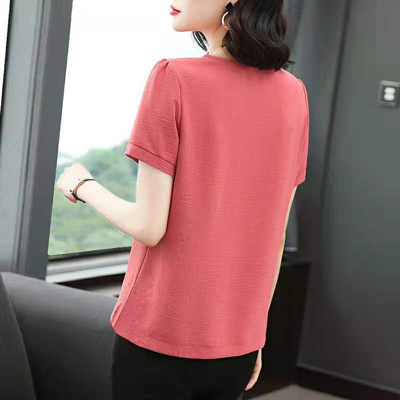 Шифоновая рубашка с короткими рукавами, новая летняя свободная футболка для матери среднего возраста, женский топ с круглым воротником