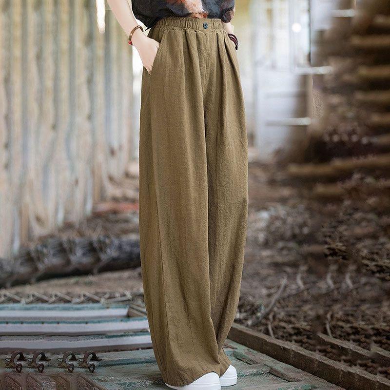 2025 Новые свободные повседневные брюки с высокой талией из хлопка и льна, брюки в стиле ретро с широкими штанинами