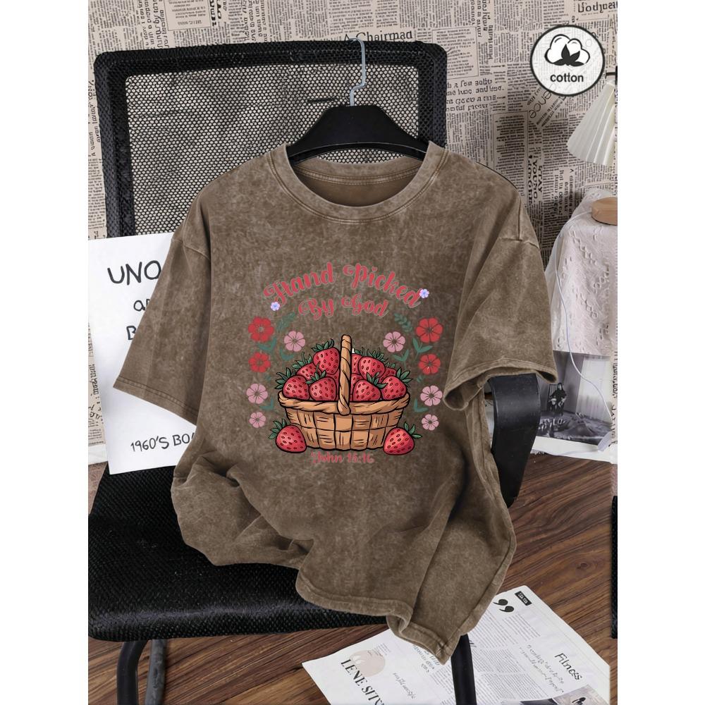 Женская washed футболка с принтом клубничных цветов, хлопок, летняя, спортивная одежда, свободная, короткий рукав
