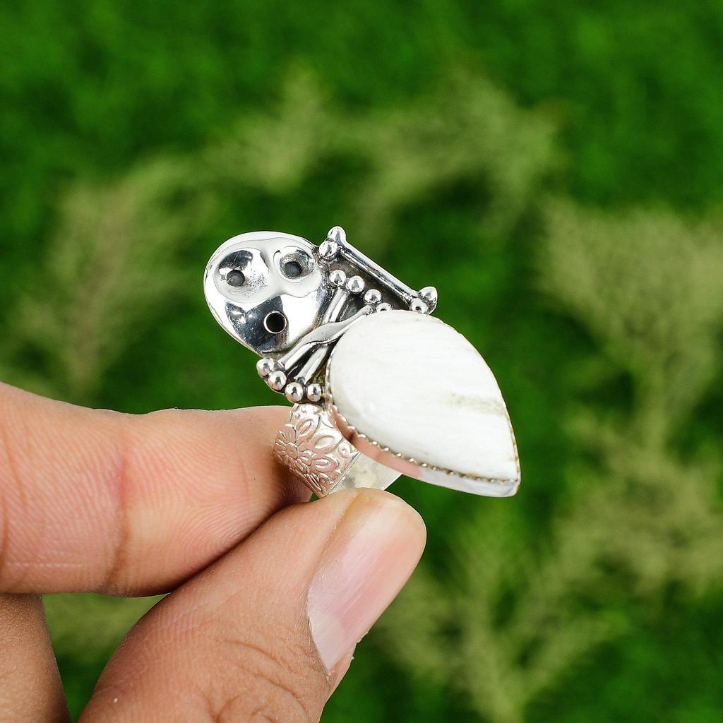 Gift For Her 925 Silver Natural Scolecite Promise Skull And Bone Adjustable Ring