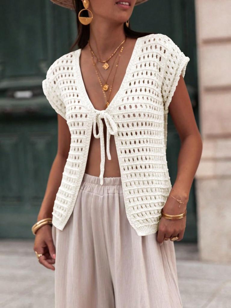 Women's Tie Front Crochet Shrug Short Sleeve Open Front Cropped Knit Cardigan