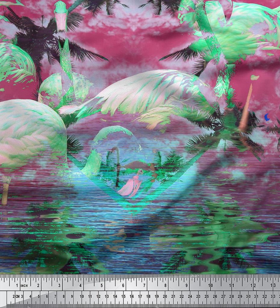 Soimoi Японский креп-сатин Пальма | Ткань с принтом в виде панно и фламинго 1 метр 42 дюйма
