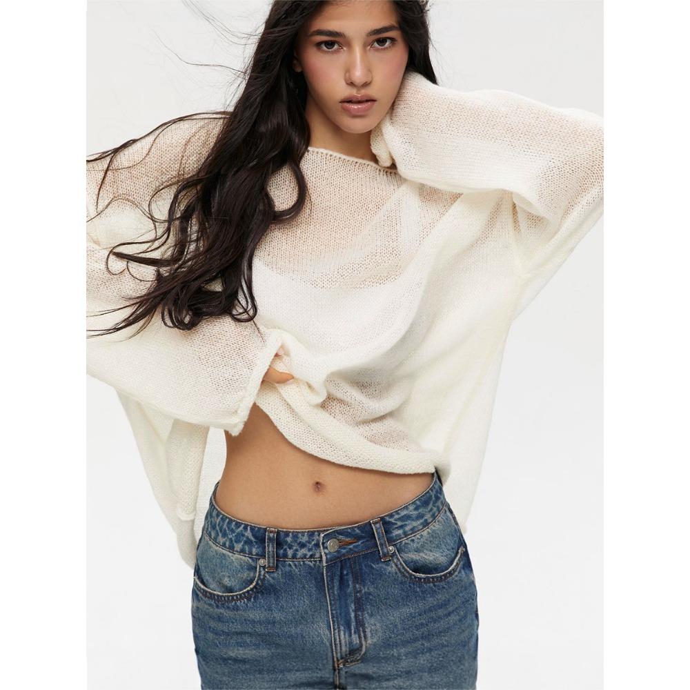 Трансграничная футболка с вырезами Новая женская перспективная тонкая трикотажная футболка с большим круглым вырезом и рукавами-фонариками