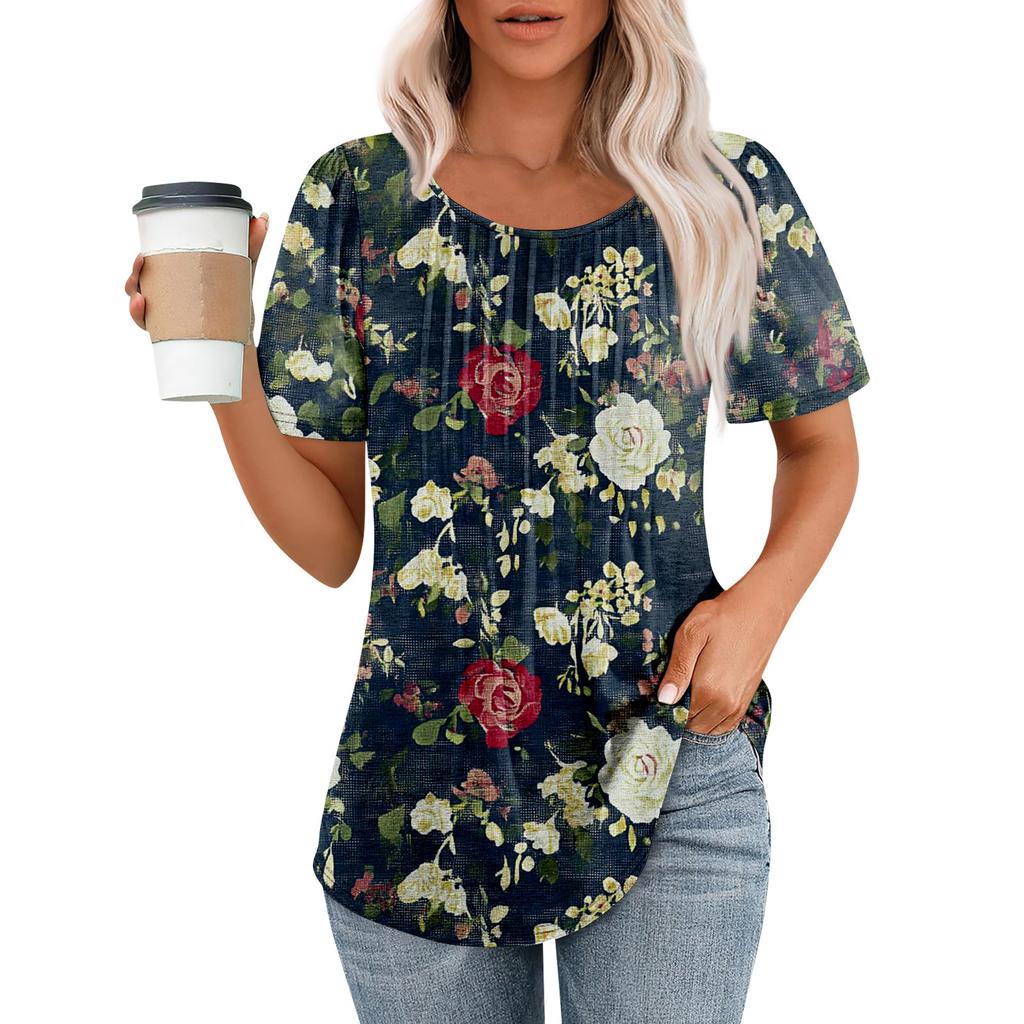 Women's Fashion Printed Casual Pleated Round Short Sleeve T-Shirt Top