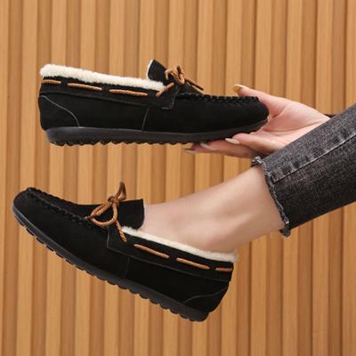 Классические женские туфли на меху на плоской подошве, зимняя повседневная женская обувь без шнуровки с круглым носком, теплые плюшевые туфли на платформе, большие размеры