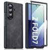 Для Samsung Galaxy Z Fold 7 с HD Защитным стеклом и Защитой шарнира, Беспроводной зарядкой, Кожаный Матовый PC Ударопрочный Чехол для Телефона-Черный