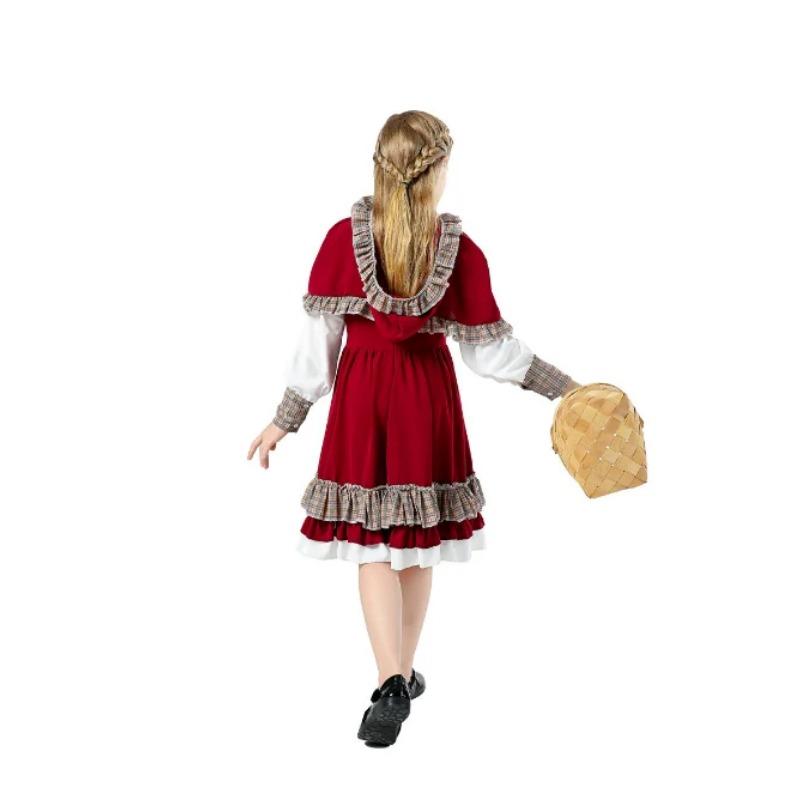 Halloween Girls Medieval Manor Farm Maid Cosplay Costumes with Hood Little Red Riding Role-Playing Stage Performance Disguise