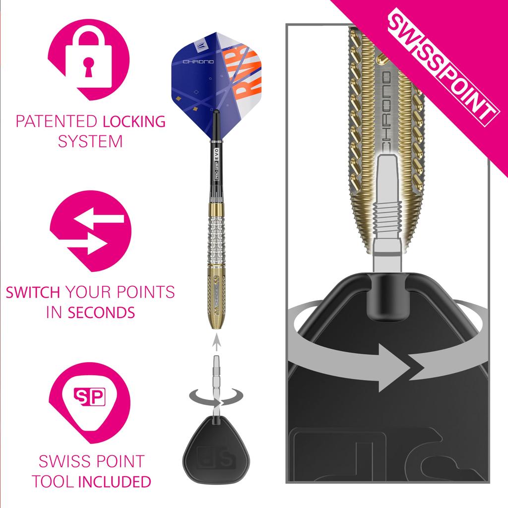 Target Дартс Raymond Van Barneveld Chrono Стальной наконечник Swiss Point Вольфрамовый дартс 23 г Включает кошелек Tacoma для хранения дартса, дополнительные дротики, швейцарские очки для дартса