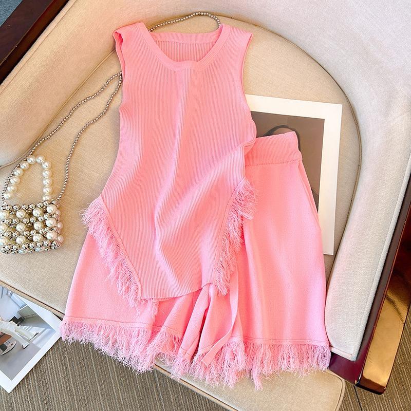 French Style Pink Tassel Knit Camisole & High Waist Wide-Leg Shorts for Women