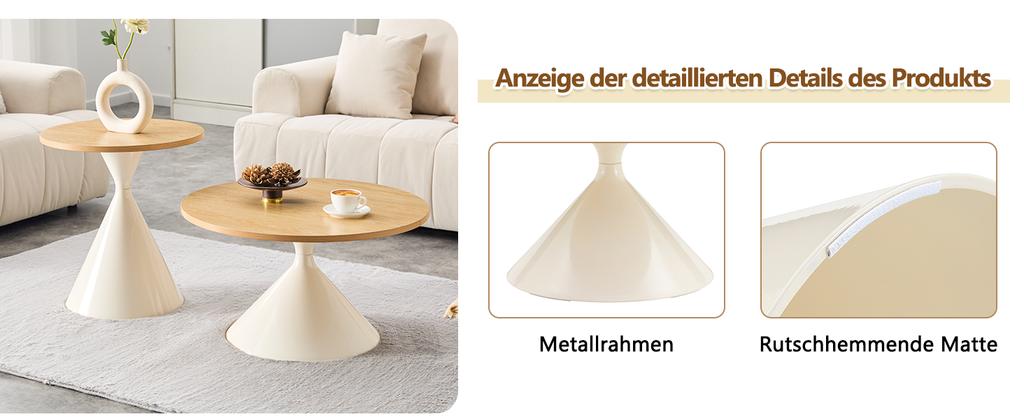 Hourglass Series 2-Piece Coffee Tables with Conical Shape, Melamine Tabletop in Wood Look + Cream Metal Base, Stackable, Living Room, Bedroom & Office