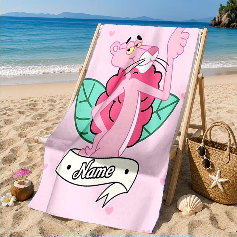 Custom Name Pink-Panther Heart In Space Adventure Microfiber Beach Towel, Lightweight for Summer Travel, Swimming Pool Fan Gift