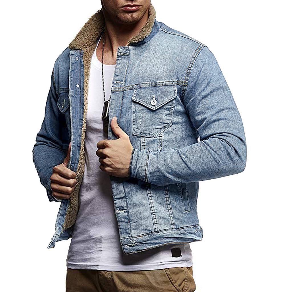 Men's  Winter Button Solid Plush Vintage Denim Jacket Tops Blouse Coat