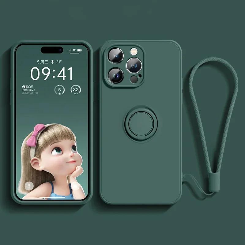 Magnetic Soft Silicone Case For 15 13 14 12 11 Pro Max X XS XR Plus Mini Phone Ring Holder Stand Cover With Wrist Strap