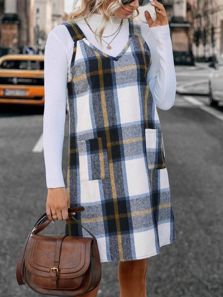 Европейское и американское женское платье-комбинезон в клетку с V-образным вырезом и карманами - Модная одежда для весны и осени