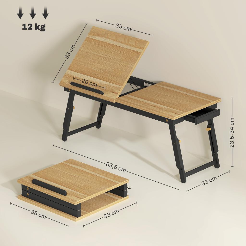 Bed Table, Height-Adjustable Laptop Table with Drawer, Foldable, for Sofa Working in Bed, Oak