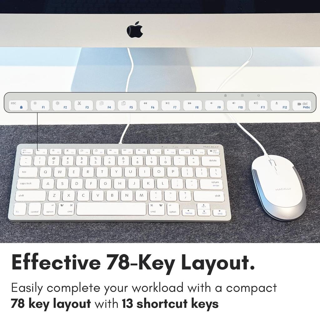 MACALLY mac Клавиатура USB A Проводная Компактный размер US раскладка Совместима с Mac Windows Тихие ножничные переключатели Полноразмерная 78 клавиш Работа из дома Мышь