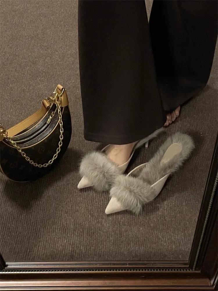 Роскошные меховые женские тапочки, остроносые туфли-мюли, сексуальные туфли на тонком высоком каблуке для вечеринок, зимние меховые теплые шлепанцы, замшевые туфли-лодочки Botas Mujer