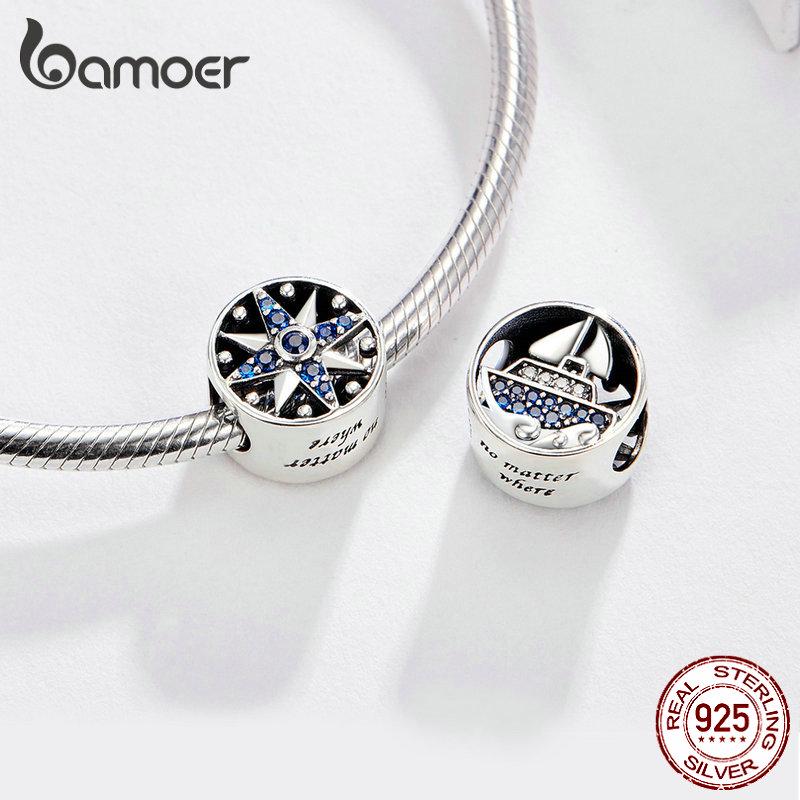 BAMOER 925 Sterling Silver Compass Round Metal Beads for Women Bracelet Bangle & Necklace