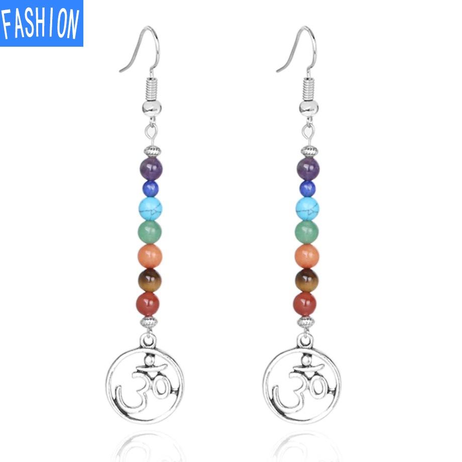 Ювелирные изделия для йоги, семи чакр, символ Ом Аум, ювелирные изделия для медитации, длинные женские серьги с натуральными кристаллами