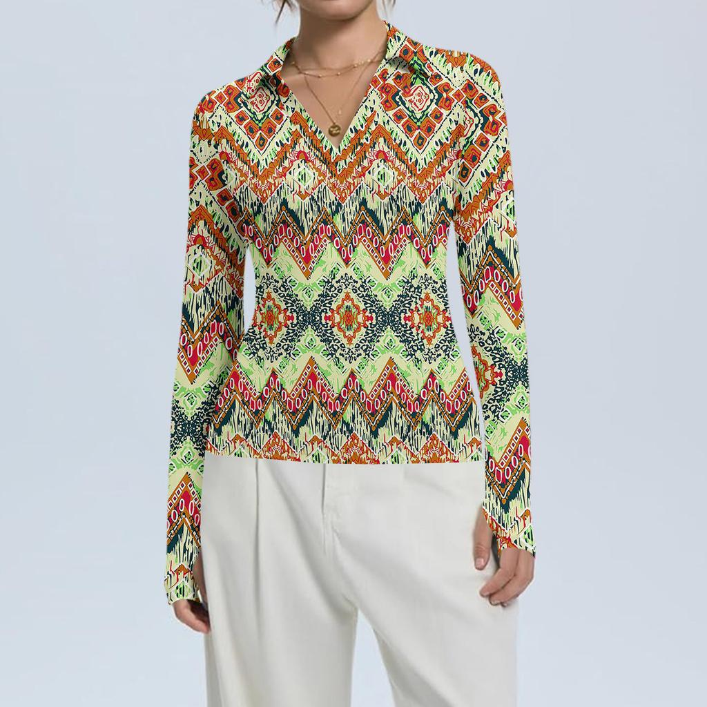 Women's Fashion Casual Print V-Neck Long Sleeve Button-Down Top