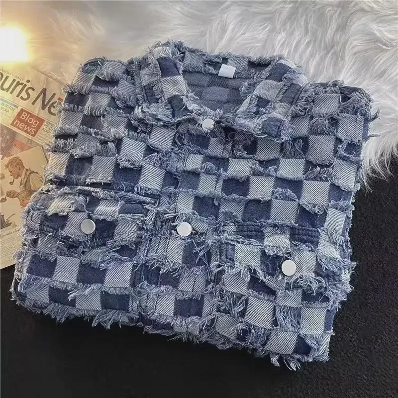 Унисекс ретро-джинсовая куртка в клетку - модный весенне-осенний дизайн High Street Chessboard