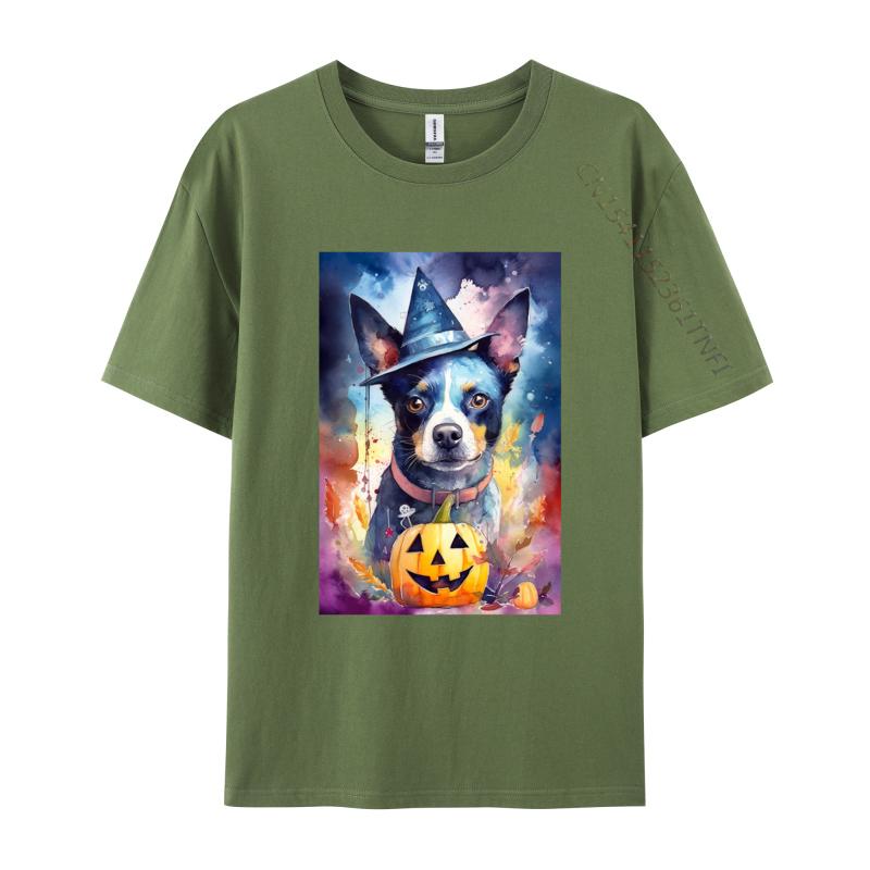 Halloween Blue Heeler With Pumpkins Dog T Shirt New Coming Cotton Adult T Shirt Slim Fit Fitted Round Neck TShirt