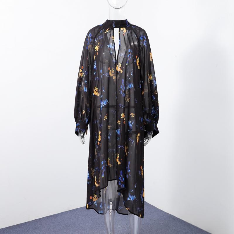 Длинные платья с принтом для женщин, свободные платья с рукавами-фонариками и воротником-стойкой, весна-лето 2025, женское платье для отпуска