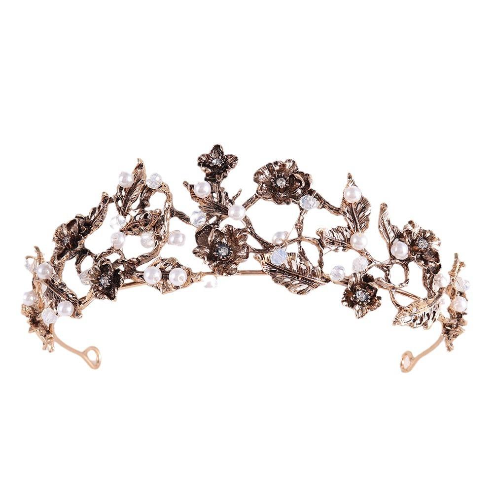 Baroque Vintage Bridal Crown Flower Leaf Rhinestone Handmade Beaded Headdress Wedding Dress Accessories Hair Accessories