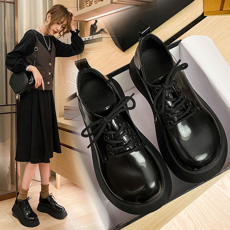 Black British Style Small Leather Shoes Spring and Autumn New Thick-soled Big-toe Derby Shoes College Style