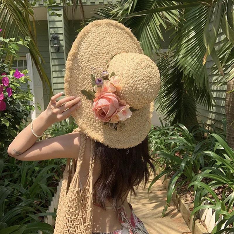 Women's Summer Floral Hand Woven Raffia Straw Hat French Style Wide Brim Sun Protection Hat Beach Vacation Sun Hat