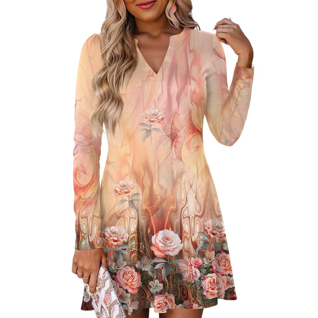 Women's Fashion Floral Print V-Neck Long Sleeve  Dress
