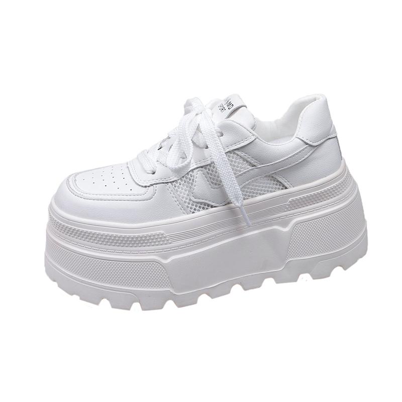 Модные женские кроссовки на массивной подошве с полым сетчатым верхом 8 см, осенне-летняя платформа, повседневная обувь на шнуровке, дышащая спортивная обувь, женская вулканизированная обувь