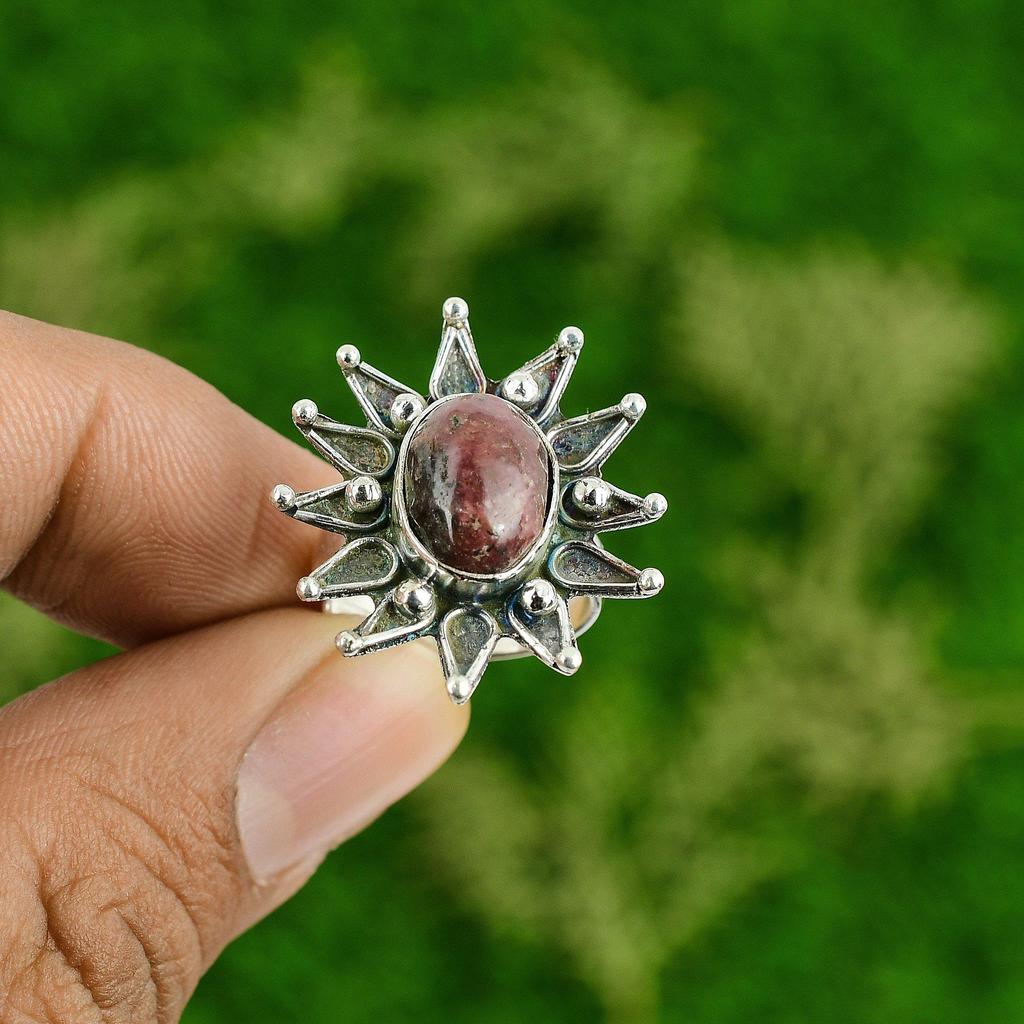 Natural Rhodonite Gemstone 925 Silver Statement Flower Adjustable Ring For Women