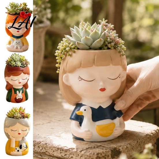 Cartoon Animal Succulent Pot Cute Head Planter Resin Little Girl Flower Pot Human Compact for Windowsill Face Cactus Plants Container Bonsai Holder