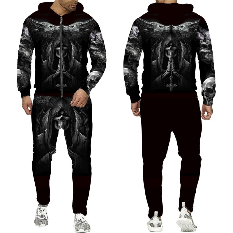 Cool Skull 3D Printed Black Zipper Hoodie Pants Suit Gothic Punk Style Men Women Tracksuit Set 2023 Halloween Streetwear Costume