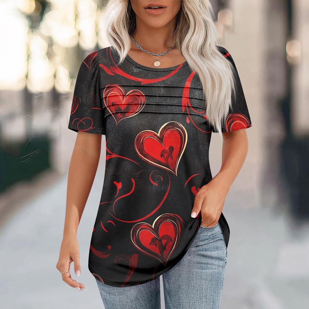 Женский топ с короткими рукавами и круглым вырезом, с принтом в виде сердечек ко Дню святого Валентина, плиссированный