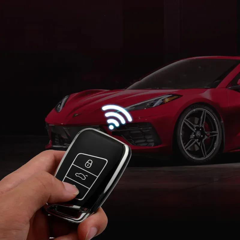 Car Key Case for Volkswagen CC PASSAT Magoan Lavida B8 Arteon Atlas 3 Interior Accessories Button Key Cover Silver Edge TPU